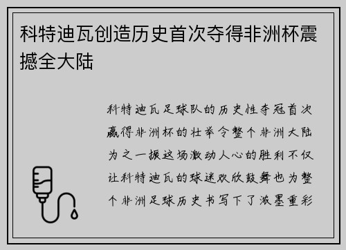 科特迪瓦创造历史首次夺得非洲杯震撼全大陆 科特迪瓦创造历史首次夺得非洲杯震撼全大陆