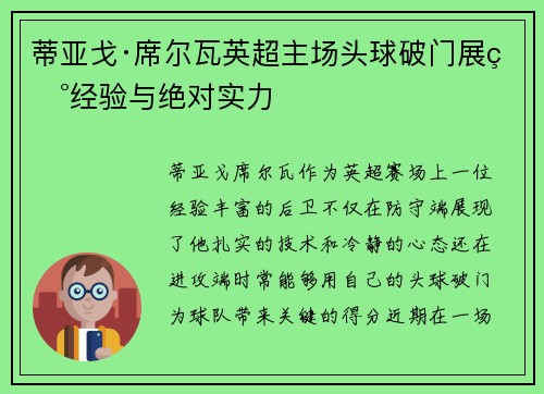 蒂亚戈·席尔瓦英超主场头球破门展现经验与绝对实力 蒂亚戈·席尔瓦英超主场头球破门展现经验与绝对实力